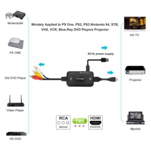 BD&M RCA to HDMI Converter, Composite to HDMI Adapter, Male AV to HDMI Converter Support 1080P PAL/NTSC Compatible with PS one, PS2, PS3, STB, Xbox, VHS, VCR, Blue-Ray DVD Players