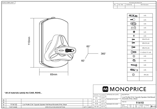 Monoprice Low Profile 22 lb. Capacity Speaker Wall Mount Brackets (Pair) Black