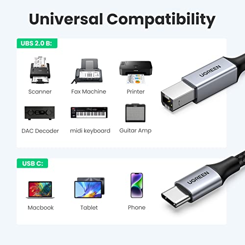 UGREEN USB B to USB C Printer Cable 3 FT, Nylon Braided USB C to USB B Printer Cable for MacBook Pro/Air, USB C MIDI Cable Compatible with Yamaha Piano MIDI Keyboard, DAC, DJ Controller for iPad Pro