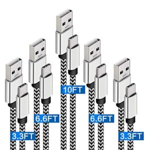 usb c cable fast charging 3a 5-pack (3.3/6.6/10ft) nylon braided usb type c cable fast charging cord compatible samsung galaxy s10 s9 s8 s20 plus a51 a11,note 10 9 8,moto z z3,lg g7 g8,usb c charger