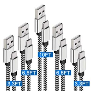 USB C Cable Fast Charging 3A 5-Pack (3.3/6.6/10FT) Nylon Braided USB Type C Cable Fast Charging Cord Compatible Samsung Galaxy S10 S9 S8 S20 Plus A51 A11,Note 10 9 8,Moto Z Z3,LG G7 G8,USB C Charger