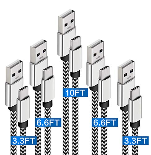 USB C Cable Fast Charging 3A 5-Pack (3.3/6.6/10FT) Nylon Braided USB Type C Cable Fast Charging Cord Compatible Samsung Galaxy S10 S9 S8 S20 Plus A51 A11,Note 10 9 8,Moto Z Z3,LG G7 G8,USB C Charger
