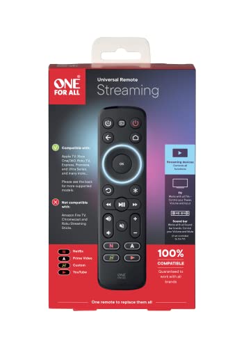 One For All Streamer Remote – Universal Remote Control for up to 3 Devices Infrared Controlled Streamer Boxes TVs and Sound bar – Learning Feature - Backlit Keys - Black – URC7935