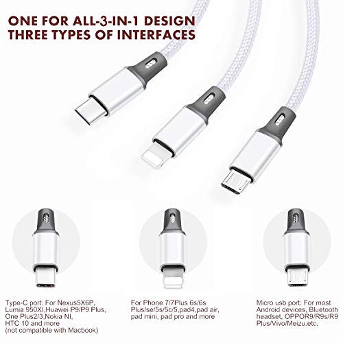 Multi USB Charging Cable 3A, 3 in 1 Fast Charger Cord Connector with Dual Phone/Type C/Micro USB Port Adapter, Compatible with Tablets Phone 12 11 Pro 8 7 6 Samsung Galaxy (4FT/2Pack)