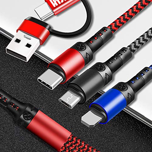 LHJRY 6 in 1 Multi Charging Cable 3Pack 4ft Multiple Charge Cord USB A/C to Phone USB C Micro USB Connector Charging Cord Compatible with Cell Phones Tablets and More - (Red,Black,Blue)