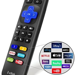 1-clicktech Remote for Roku TV w/SIX Programmable HotKeys, for TCL Hisense Onn Sharp Sanyo Hitachi Element Insignia Westinghouse Magnavox LG Roku TVs or Roku Box【NOT for Stick】