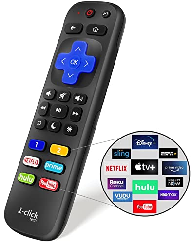 1-clicktech Remote for Roku TV w/SIX Programmable HotKeys, for TCL Hisense Onn Sharp Sanyo Hitachi Element Insignia Westinghouse Magnavox LG Roku TVs or Roku Box【NOT for Stick】