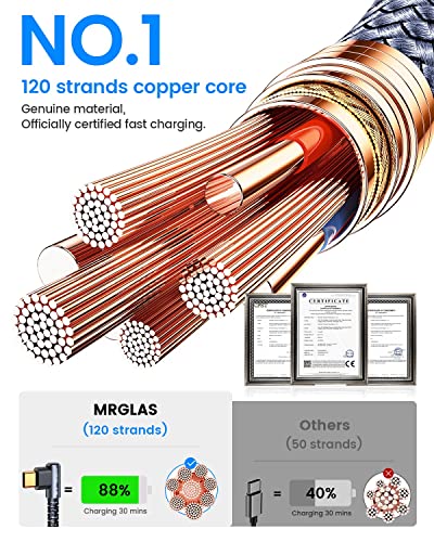 USB C Cable 3.2A 2-Pack [90°, Gold-Plated] 6.6+6.6FT MRGLAS Type C Charger Fast Charging Cable Right Angle Nylon Braided USB A to USB C Charging Cable Compatible with Galaxy S10 S9 Plus S21 Note 10 LG