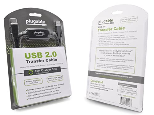 Plugable USB 2.0 Transfer Cable, Unlimited Use, Transfer Data Between 2 Windows PC's, Compatible with Windows 11, 10, 7, XP, Bravura Easy Computer Sync Software Included