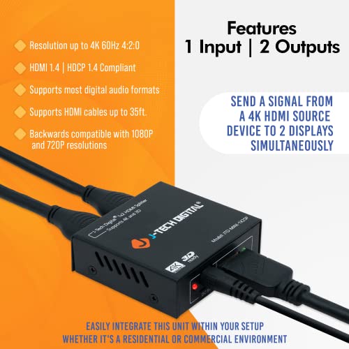 HDMI Splitter 1 in 2 Out 4K @ 60Hz 1x2 Powered HDMI Splitter Duplicate Mirror by J-Tech Digital (1 Source to 2 Displays)