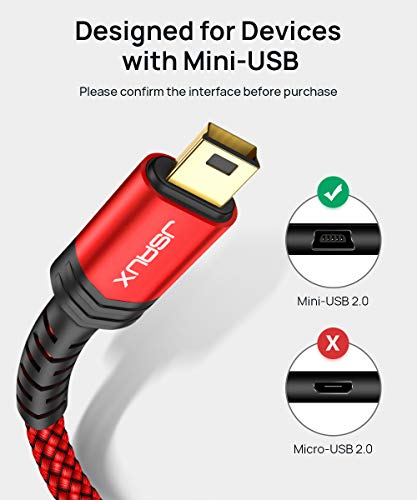 Mini USB Cable[2-Pack 3.3ft+6.6ft], JSAUX USB 2.0 Type A to Mini B Fast Charging Braided Cord Compatible with Blue Yeti Microphone Garmin Nuvi GPS 50 55 Ti-84 Plus CE Canon Rebel t7 Camera Gopro Red