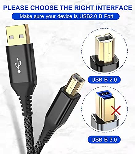 sweguard Printer Cable 10ft, USB 2.0 Printer Cable USB-A to USB-B Cable, High Speed Nylon Braided Scanner Printer Cord for HP Canon Dell Epson Brother Lexmark Xerox Samsung Piano DAC & More-Black