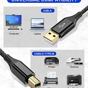 sweguard Printer Cable 10ft, USB 2.0 Printer Cable USB-A to USB-B Cable, High Speed Nylon Braided Scanner Printer Cord for HP Canon Dell Epson Brother Lexmark Xerox Samsung Piano DAC & More-Black