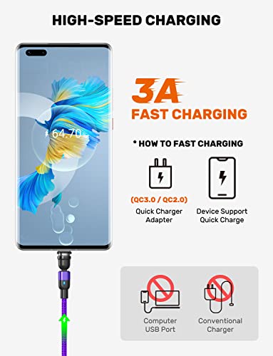 AUFU 540 Degree Magnetic Charging Cable (3Pack-6.6ft/6.6ft/6.6ft), Magnetic Phone Charger USB Magnetic Cable 3A Fast Charging Data Sync Nylon Braided USB Cord Cable for Micro USB Type C