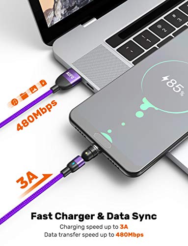 AUFU 540 Degree Magnetic Charging Cable (3Pack-6.6ft/6.6ft/6.6ft), Magnetic Phone Charger USB Magnetic Cable 3A Fast Charging Data Sync Nylon Braided USB Cord Cable for Micro USB Type C