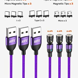 AUFU 540 Degree Magnetic Charging Cable (3Pack-6.6ft/6.6ft/6.6ft), Magnetic Phone Charger USB Magnetic Cable 3A Fast Charging Data Sync Nylon Braided USB Cord Cable for Micro USB Type C