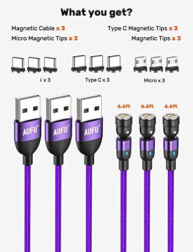 AUFU 540 Degree Magnetic Charging Cable (3Pack-6.6ft/6.6ft/6.6ft), Magnetic Phone Charger USB Magnetic Cable 3A Fast Charging Data Sync Nylon Braided USB Cord Cable for Micro USB Type C