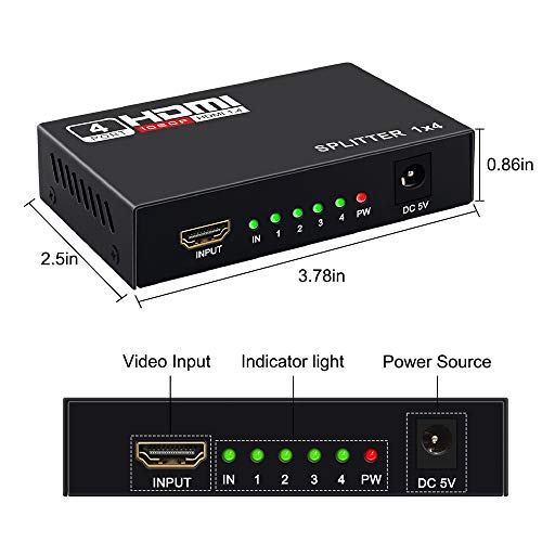 HDMI Splitter 1 in 4 Out -4K Hdmi Splitter 1x4 Ports v1.4 Powered 4K/2K Full Ultra HD 1080p US Adapter 3D Support