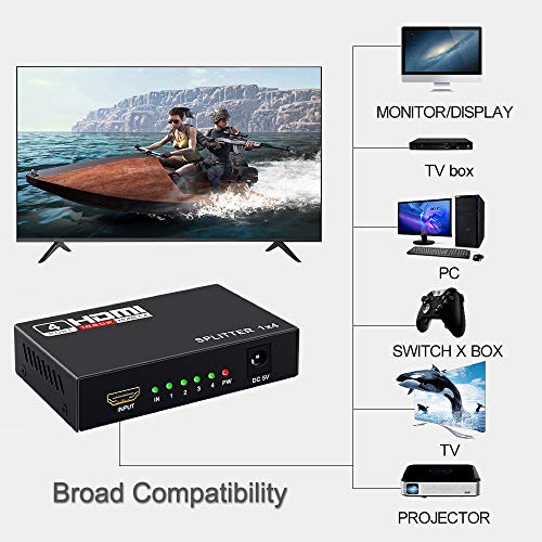 HDMI Splitter 1 in 4 Out -4K Hdmi Splitter 1x4 Ports v1.4 Powered 4K/2K Full Ultra HD 1080p US Adapter 3D Support