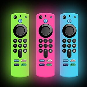 3-pack remote case for tv 3rd gen 2021 glow in the dark, voice remote protective silicone cover glow in dark with lanyard (fluorescent green/pink/blue)- lefxmophy