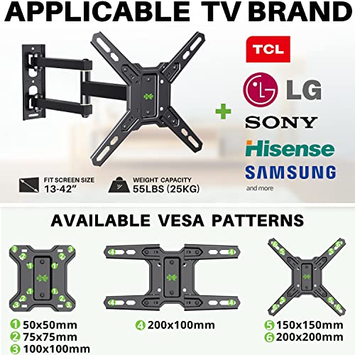 USX MOUNT Full Motion TV Monitor Wall Mount for Most 13-42 inch Flat Curved Screen TVs & Monitors Up to 55lbs, Single Stud TV Mount Bracket Articulating Arms Swivel Tilt Extension, Max VESA 200x200mm