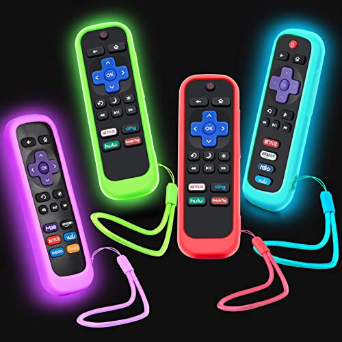 4Pack Case for Roku Remote, Cover for Hisense / TCL Roku TV Steaming Stick / Express Universal Replacement Controller Silicone Sleeve Skin Glow in The Dark Green Sky Purple Red