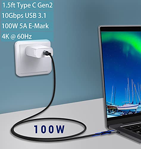 Short USB C to USB C Cable (1.5ft 2 Packs), 3.1 Gen 2 10Gbps 100W 4K USB C Video High Speed Data Transfer Fast Charging Cord Compatibile with Samsung Galaxy T5 LaCie SSD, MacBook, Display Monitor