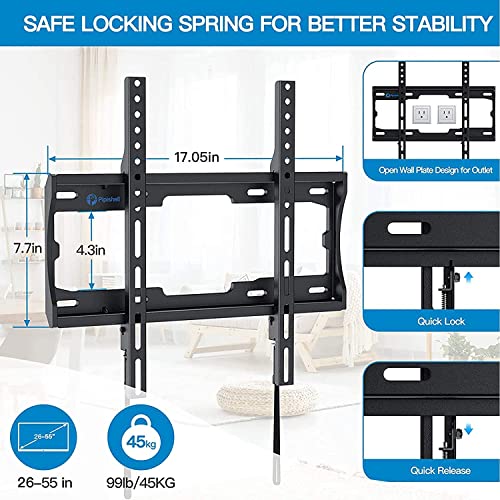 Pipishell Fixed TV Wall Mount Bracket Low Profile for 26-55 Inch LED, LCD, OLED, 4K Flat Curved Screen TVs, Ultra Slim Mounting Bracket, Max VESA 400x400mm up to 99 lbs, Fits 16" Wood Studs