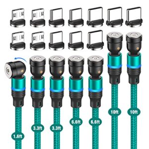 FACROO Magnetic Charging Cable[7-Pack, 1.6ft+3.3ft+3.3ft+6.6ft+6.6ft+10ft+10ft], 540° Rotation Magnetic Cable, 3 in 1 Nylon Braided Magnetic Phone Charger Compatible with Micro USB and Type C - Green