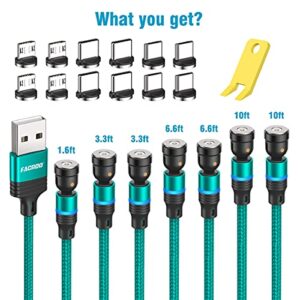 FACROO Magnetic Charging Cable[7-Pack, 1.6ft+3.3ft+3.3ft+6.6ft+6.6ft+10ft+10ft], 540° Rotation Magnetic Cable, 3 in 1 Nylon Braided Magnetic Phone Charger Compatible with Micro USB and Type C - Green