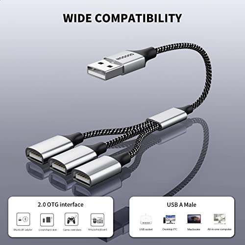 3 in 1 USB Splitter Cable, MOGOOD USB Power Splitter 1 Male to 3 Female USB 2.0 Adapter 1 to 3 USB Splitter USB Extension Cable USB multiport for Charging/Data Transfer/Laptop/Mac