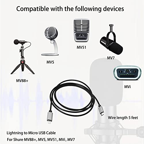 iOS 15 to MicroUSB OTG Cable Commpatible with Shure MV5, MV51, MV7, MV88+ and Mvi (AMV-LTG15), Motiv Products, 1.5m 5feet, for iPhone 13 12 Mini Pro Max,11, Xs Xr, New SE 8, AMV-LTG15 Replacement