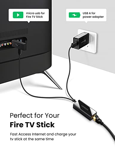 UGREEN Ethernet Adapter Compatible with Fire TV Stick 4K Max Lite Chromecast Google Home Mini and More Streaming TV Sticks Micro USB to RJ45 Ethernet Network Adapter with USB Power Supply 3.3ft Cable