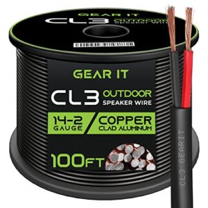 gearit 14/2 speaker wire (100 feet) 14 gauge (copper clad aluminum) – outdoor direct burial in ground/in wall / cl3 cl2 rated / 2 conductors – cca, black 100ft
