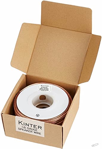 Kinter Cable 100ft 16-Gauge Audio Stereo Speaker Wire Cable, 100 Feet, 30.48 Meters, 2 Conductor, Polarity Marked, Flexible Clear PVC, CCA, Home Theater, HiFi, Surround or Auto Amps