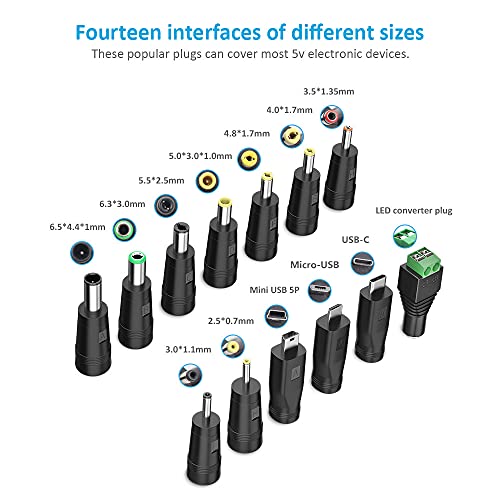 Belker Universal 5V DC 5.5 2.1mm Jack Charging Cable Power Cord, USB to DC Power Cable with 14 Interchangeable Plugs Connectors Adapters Compatible with Fan Speaker Router Mini and More 5V Devices