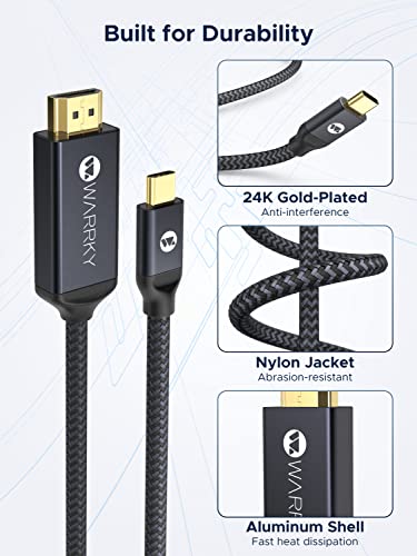 Warrky USB C to HDMI Cable 6ft, 4K@60Hz HDR [Aluminum Shell, Gold-Plated Plug] Braided Type C to HDMI 2.0 Cord, Thunderbolt 3/4 Compatible with MacBook Pro/Air, Mac, Samsung Galaxy, Surface, iPad, TV