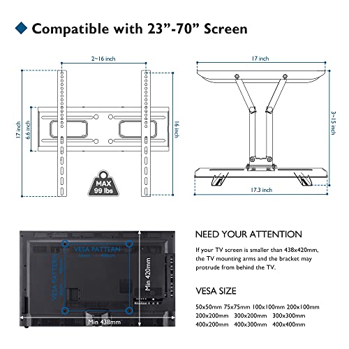 BONTEC Full Motion TV Wall Mount for 23-70” LED OLED Flat Curved TVs, Tilt Swivels Dual Articulating6 Arms TV Bracket Supports up to 99lbs, Max VESA 400x400mm, Fit 8” 16” Studs