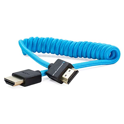 KONDOR BLUE 4K HDMI to HDMI Thin Short Coiled Braided Cable for On-Camera Monitors, Capture Cards + More | 4K/60hz | 18Gbps 3D HDR MetaData | 12" ~ 24" Inch | Blue