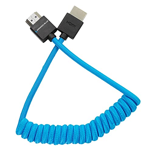 KONDOR BLUE 4K HDMI to HDMI Thin Short Coiled Braided Cable for On-Camera Monitors, Capture Cards + More | 4K/60hz | 18Gbps 3D HDR MetaData | 12" ~ 24" Inch | Blue