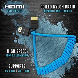 KONDOR BLUE 4K HDMI to HDMI Thin Short Coiled Braided Cable for On-Camera Monitors, Capture Cards + More | 4K/60hz | 18Gbps 3D HDR MetaData | 12" ~ 24" Inch | Blue