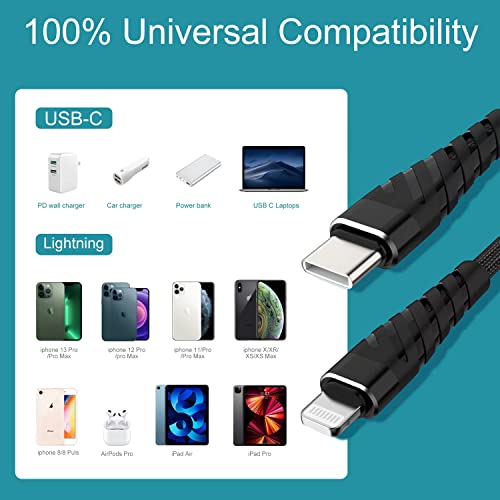 20W USB C to Lightning Cable Fast Charging 【3Pack-6ft】 Apple MFi Certified Nylon Braided Type C Quick Charger Cable USB-C High Speed Charging for iPhone 13 12 11/Mini/Pro/ProMax/iPad 8 -Black