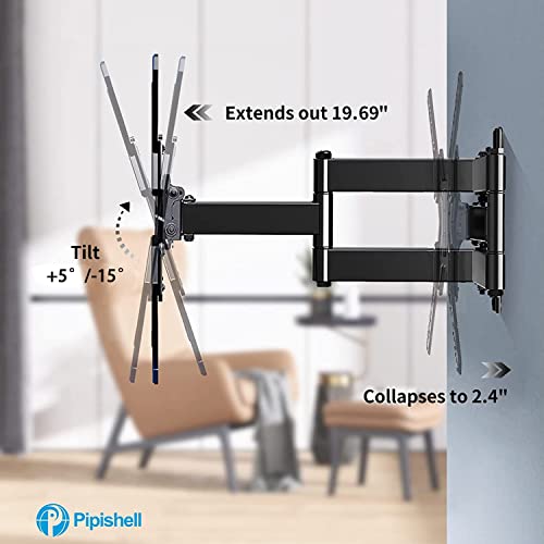 Full Motion TV Wall Mount Brackets for Most 26-55 Inch LED LCD Flat Curved Screen Monitors TVs, Single Articulating Arm TV Mount Swivel Tilt Extension, Max VESA 400X400mm Up to 88lbs by Pipishell