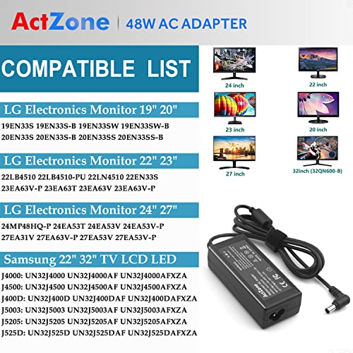 DC 19V Power Cord TV Charger for LG Electronics 19" 20" 22" 23" 24" 27" LED LCD Monitor Widescreen HDTV 24M47H-P 24MP55HQ, Samsung 32" J5205 J5003 H5000 UN32J4000 UN32J4000AF UN32J5205 A4819-FDY