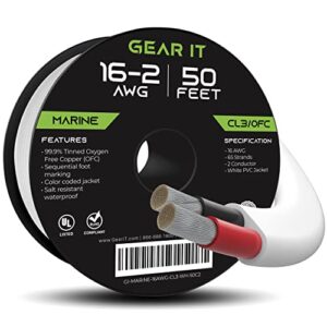 gearit 16/2 marine wire (50 feet) 16awg gauge – tinned ofc copper/marine grade speaker cable/duplex / 2 conductors – ofc oxygen-free copper, white 50ft
