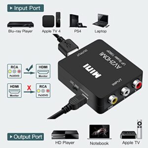 RCA to HDMI Converter, Runbod AV2Hdmi 1080P RCA Composite CVBS AV to HDMI Video Audio Converter Box for PS2 Wii Xbox VHS VCR Camera DVD Players, Support PAL/NTSC with USB Charge Cable (Black)