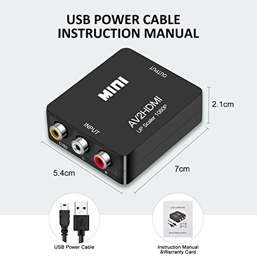 RCA to HDMI Converter, Runbod AV2Hdmi 1080P RCA Composite CVBS AV to HDMI Video Audio Converter Box for PS2 Wii Xbox VHS VCR Camera DVD Players, Support PAL/NTSC with USB Charge Cable (Black)