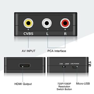 RCA to HDMI Converter, Runbod AV2Hdmi 1080P RCA Composite CVBS AV to HDMI Video Audio Converter Box for PS2 Wii Xbox VHS VCR Camera DVD Players, Support PAL/NTSC with USB Charge Cable (Black)