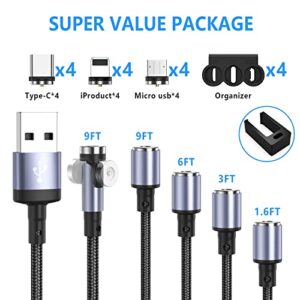 clenye Magnetic Charging Cable, 360° Rotation Magnetic Phone Charger with LED 5Pack (9FT/9FT/6FT/3FT/1.6FT) Compatible with Micro USB, Type C and iProduct Device | Nylon-Braided Cords