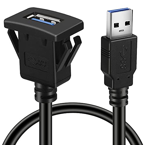 BATIGE Square Single Port USB 3.0 Panel Flush Mount Extension Cable with Buckle for Car Truck Boat Motorcycle Dashboard 3ft